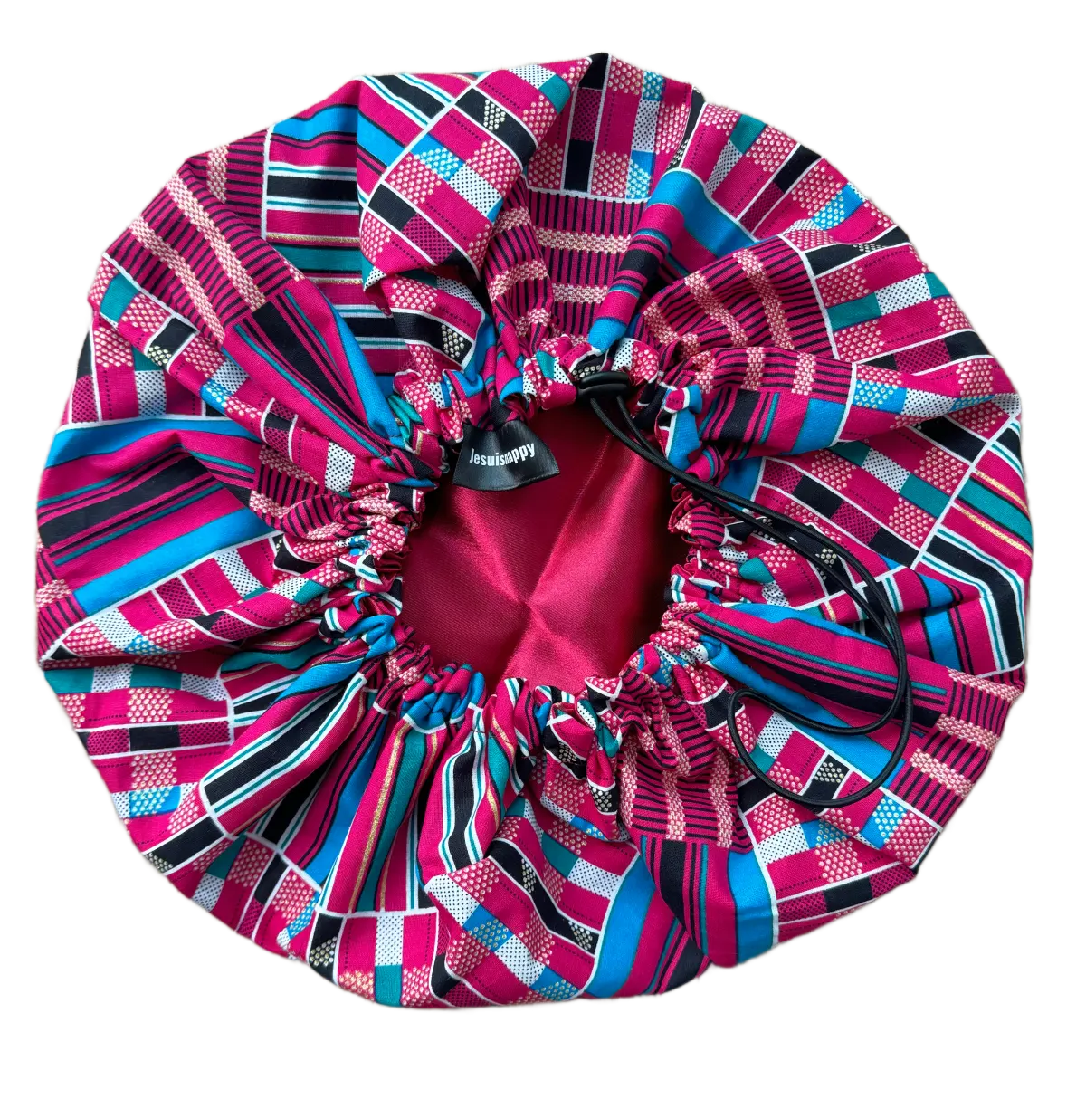 Bonnet en satin et wax rose "Amina" ajustable - Taille standard