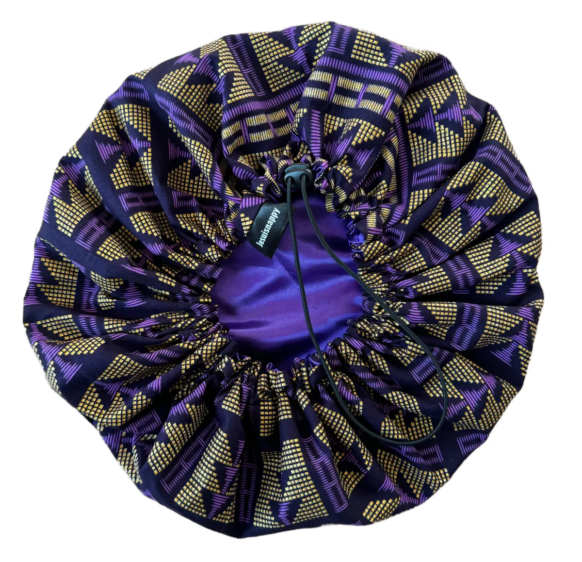"Fulani" Adjustable Purple Satin and Wax Bonnet - Standard Size