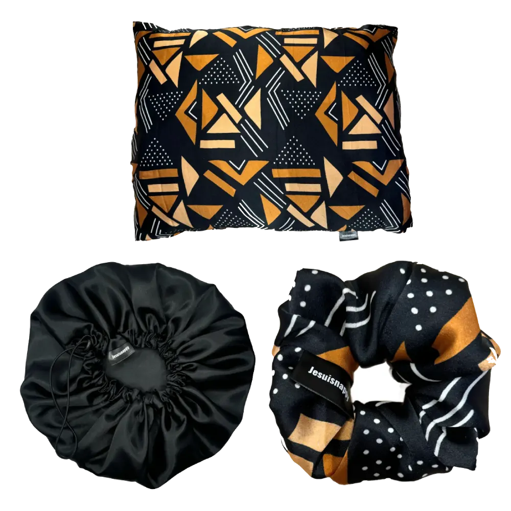 Pack Nappy Chic - 1 Taie d'oreiller en soie (rectangulaire), 1 bonnet en satin, 1 chouchou en soie, 1 foulard chiffon