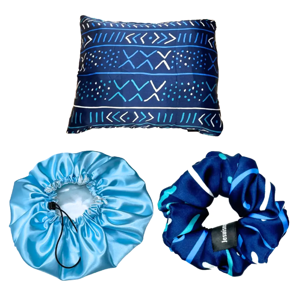 Nappy Silk Touch Pack - 1 Silk pillowcase (rectangular), 1 satin bonnet, 1 silk scrunchie, 1 chiffon scarf