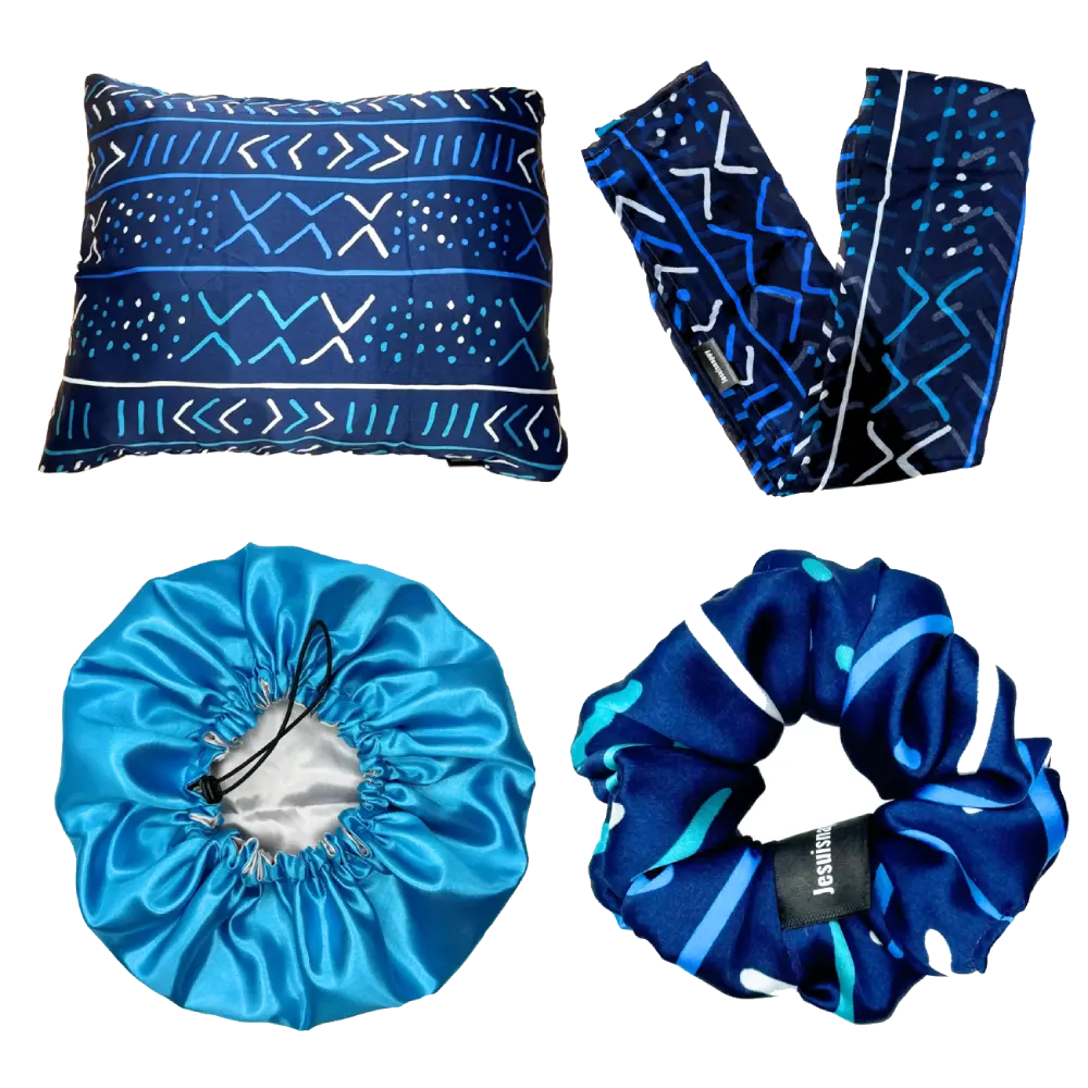 Nappy Silk Touch Pack - 1 Silk pillowcase (rectangular), 1 satin bonnet, 1 silk scrunchie, 1 chiffon scarf