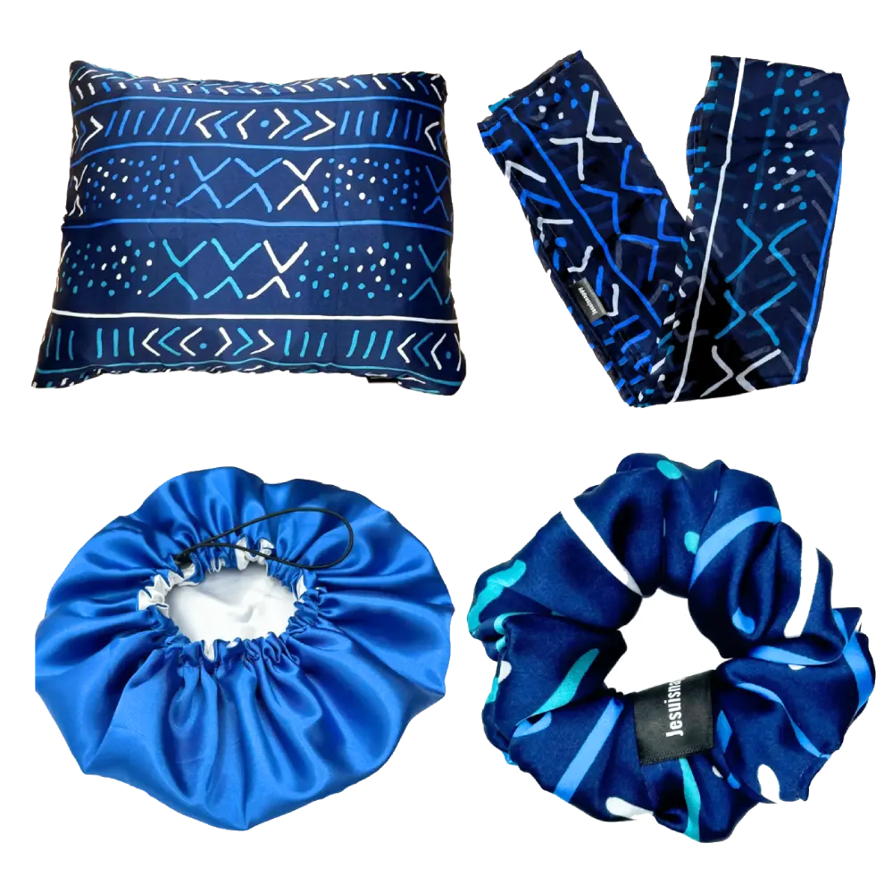 Nappy Silk Touch Pack - 1 Silk pillowcase (rectangular), 1 satin bonnet, 1 silk scrunchie, 1 chiffon scarf