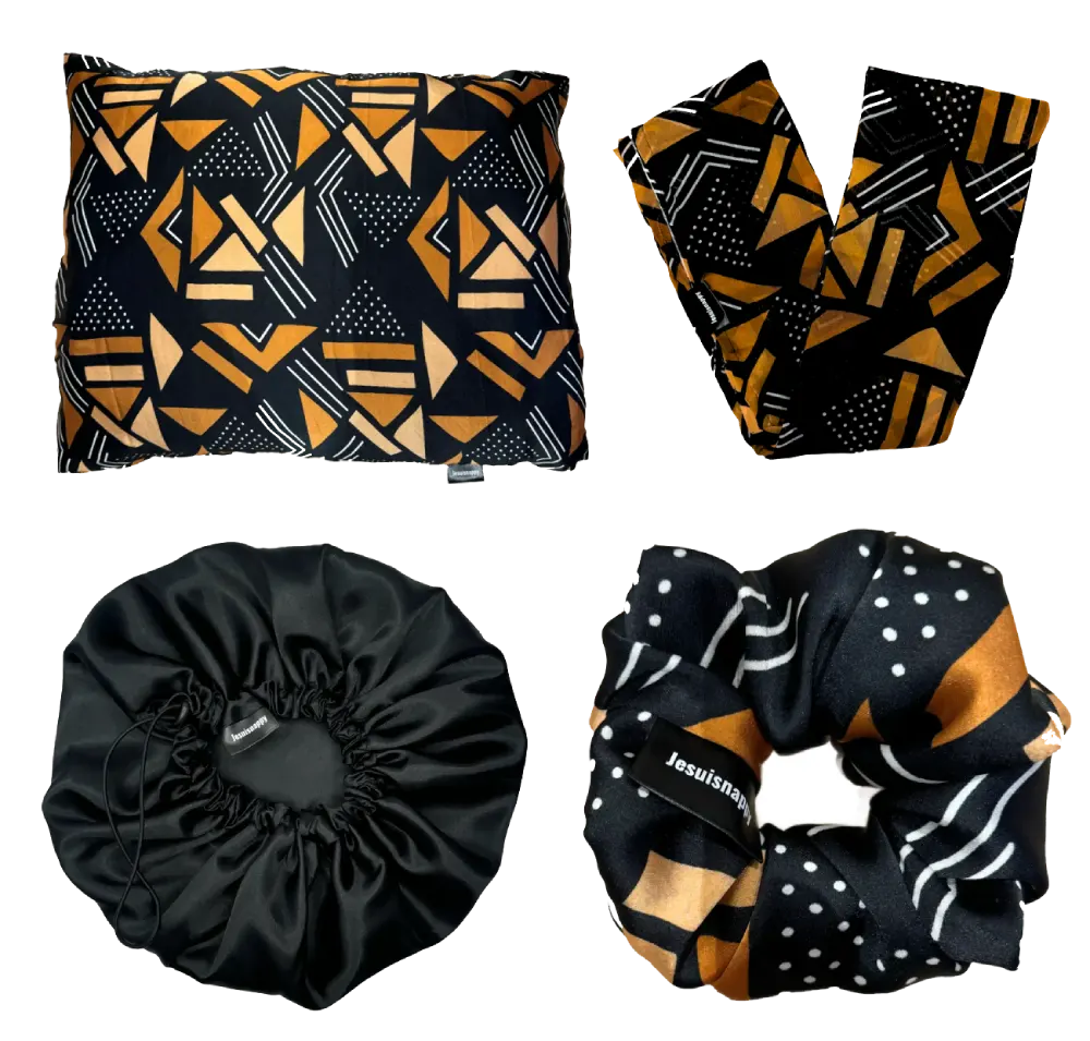 Nappy Chic Pack - 1 Silk pillowcase (rectangular), 1 satin bonnet, 1 silk scrunchie, 1 chiffon scarf