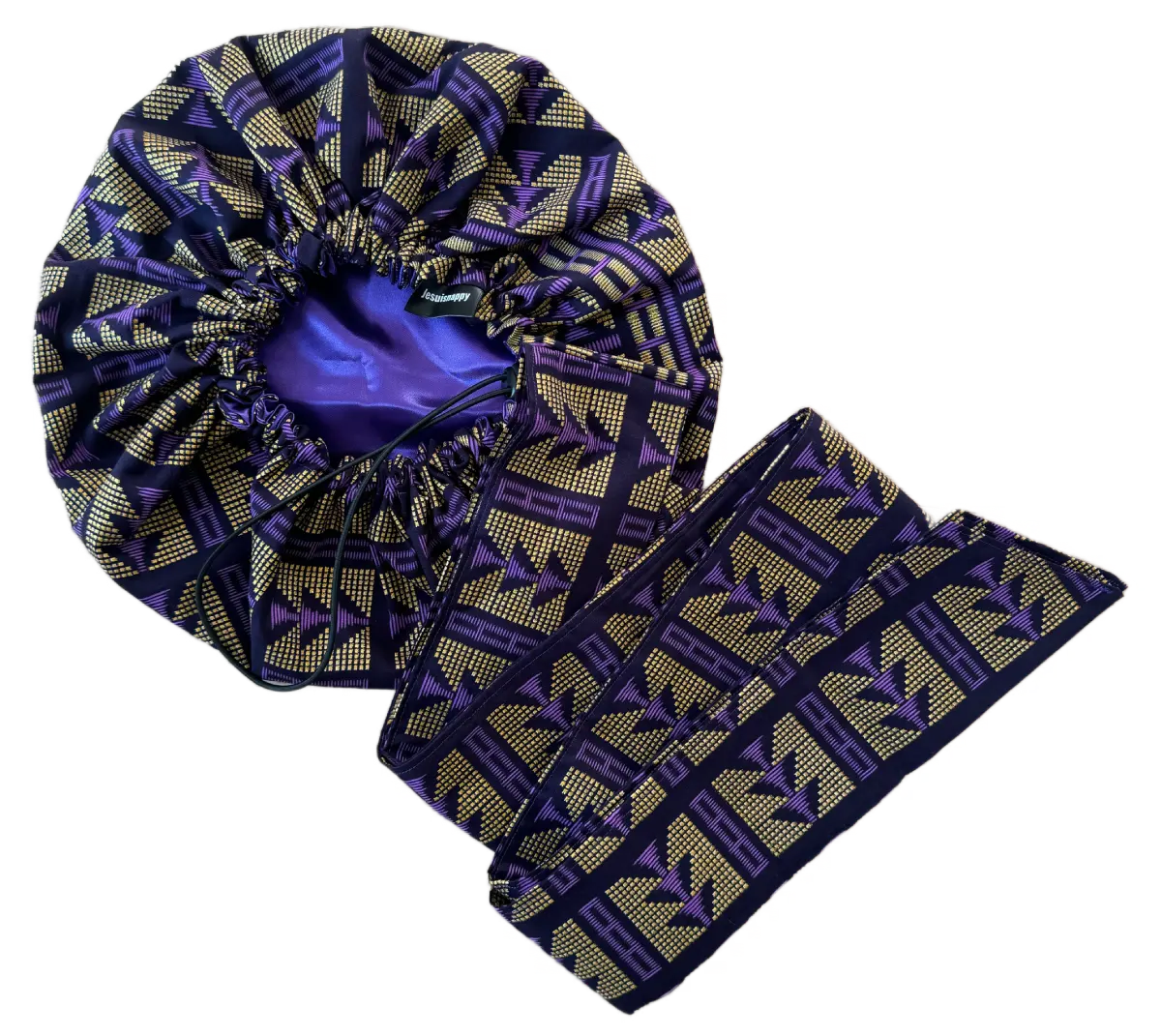 "Fulani" Adjustable Purple Satin and Wax Bonnet - Standard Size