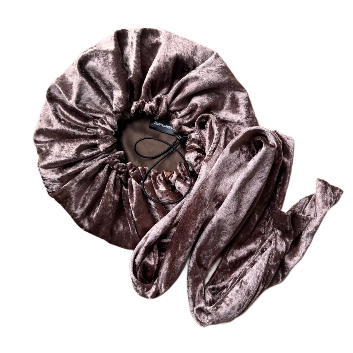 Turban ajustable en velours marron et satin "Ebène" - Taille standard