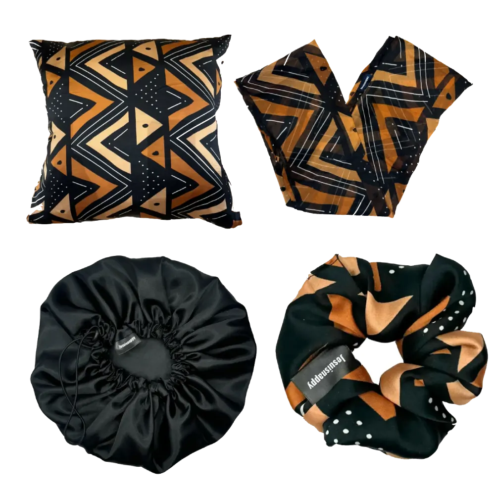 Pack Nappy Deluxe - 1 Taie d'oreiller en soie carré, 1 bonnet en satin ou soie, 1 chouchou en soie, 1 foulard chiffon