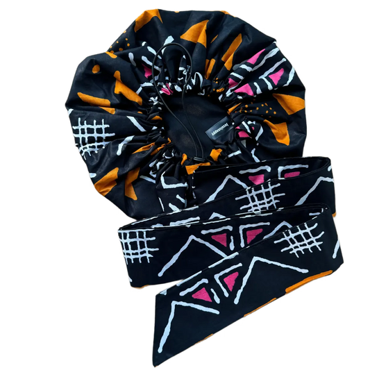 Turban en satin et wax "Maputo" ajustable - Taille standard