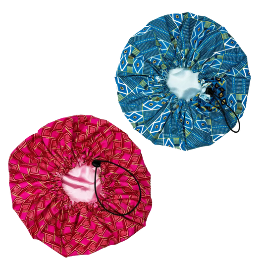 Pack de 2 bonnets en satin et wax, couleur bleu rose et ajustable - Taille standard