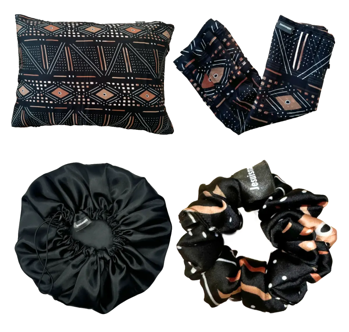 Nappy Elegance Pack - 1 silk pillowcase (rectangular), 1 satin bonnet, 1 silk scrunchie, 1 chiffon scarf