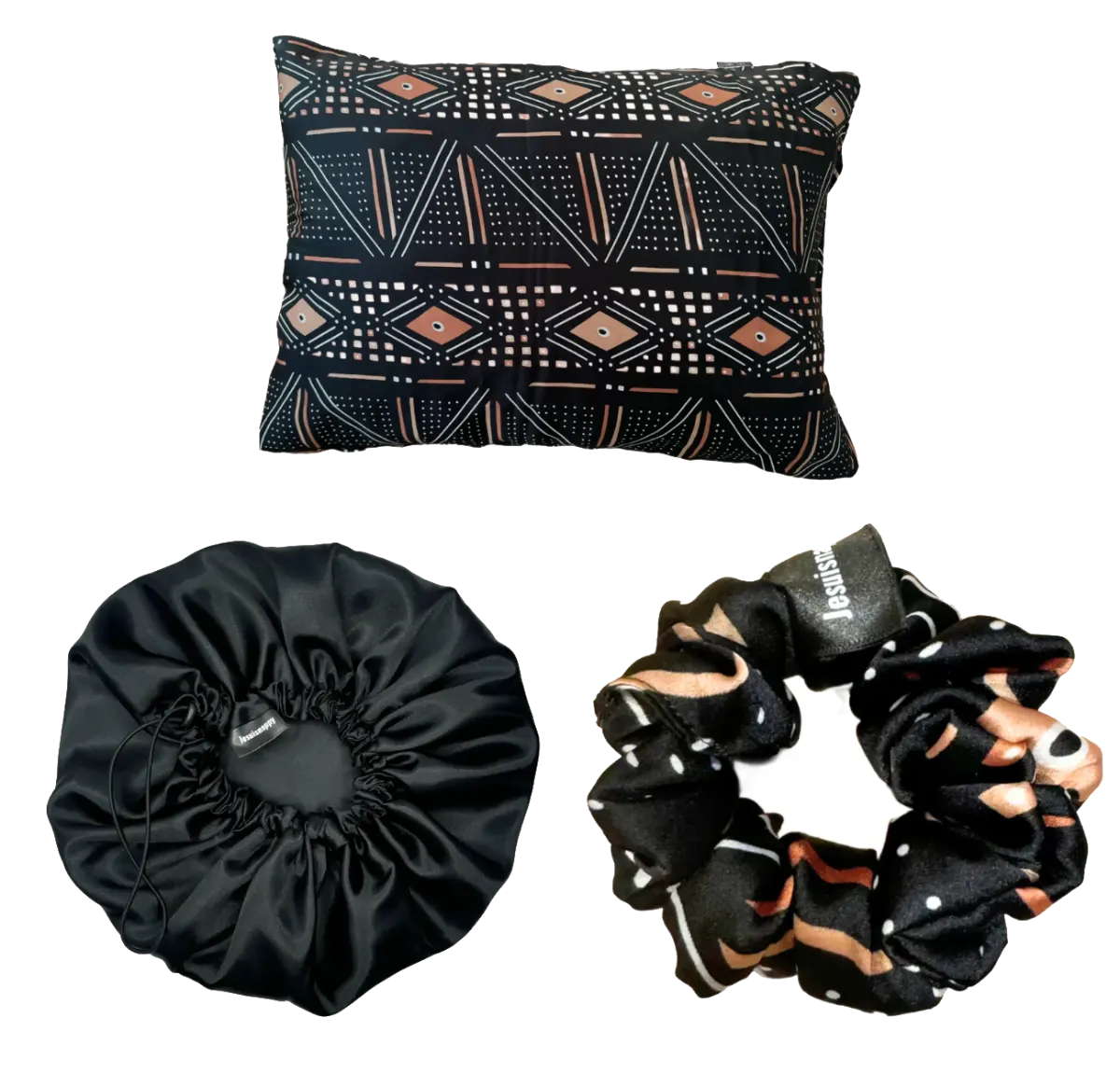 Nappy Elegance Pack - 1 silk pillowcase (rectangular), 1 satin bonnet, 1 silk scrunchie, 1 chiffon scarf