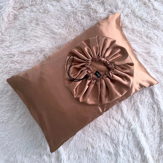 Pack bonnet & taie d’oreiller en satin – "Cappucino"