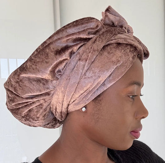 Adjustable brown velvet and satin turban