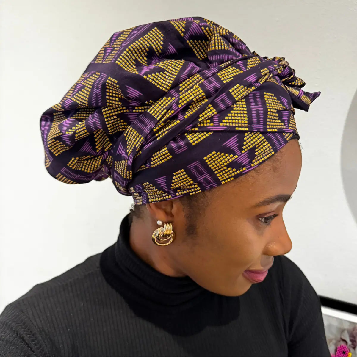 Turban doublé en satin violet "Fulani"